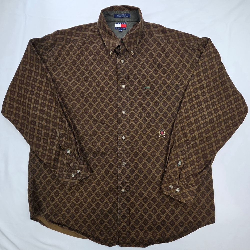 Tommy Hilfiger Mens Geometric Diamond Button Down Shirt XL Brown Vintage Style